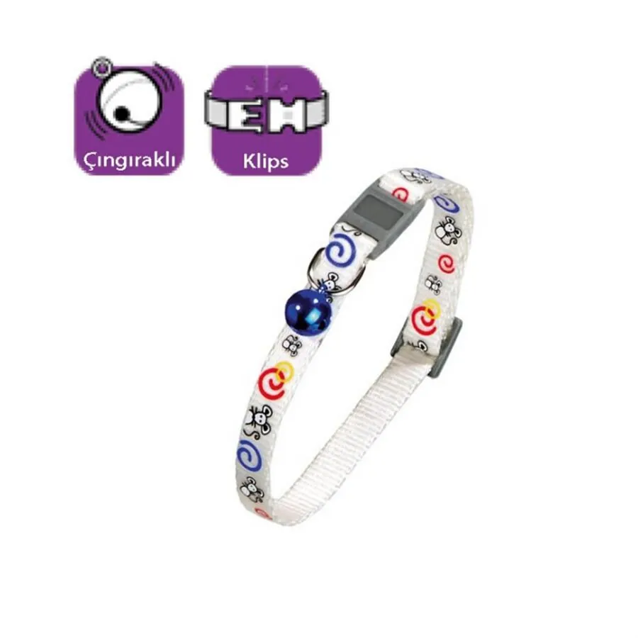 Flamingo Kedi Boyun Tasması Çıngıraklı Fare Desenli Beyaz 30 CM - 1