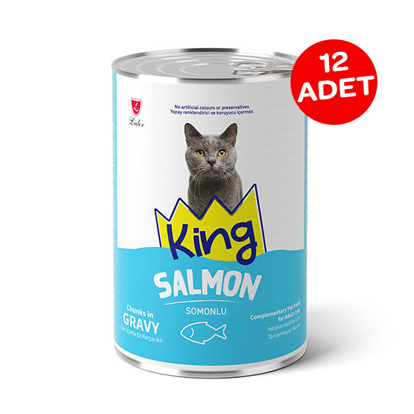 King Sos İçerisinde Et Parçacıklı Somonlu Kedi Yaş Maması 400 gr X 12 Adet - 1
