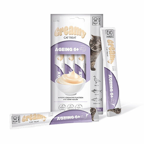 M-Pets Creamy Ageing 6+ Ördekli, Ton Balıklı ve Somonlu 6 Yaş Üzeri Kediler İçin Krem Ödül Maması 15 g (4'lü)