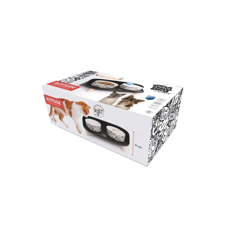 M-Pets Altitude Urban Style Standlı Mama ve Su Kabı 2x450 ml - Siyah/Beyaz