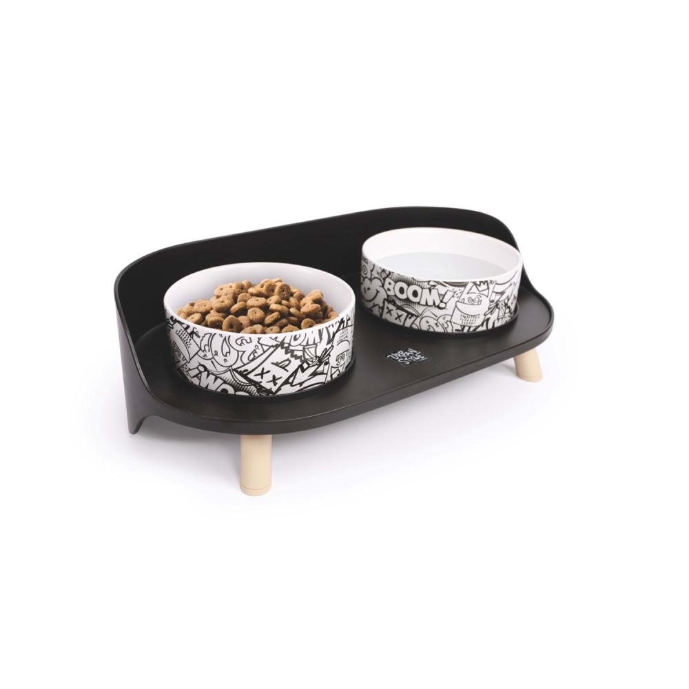 M-Pets Altitude Urban Style Standlı Mama ve Su Kabı 2x450 ml - Siyah/Beyaz - 4