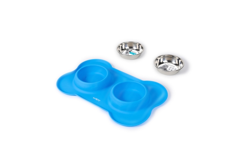 M-Pets Duet Silikon Matlı Çelik Mama Kabı 2x200 ml Mavi - 2