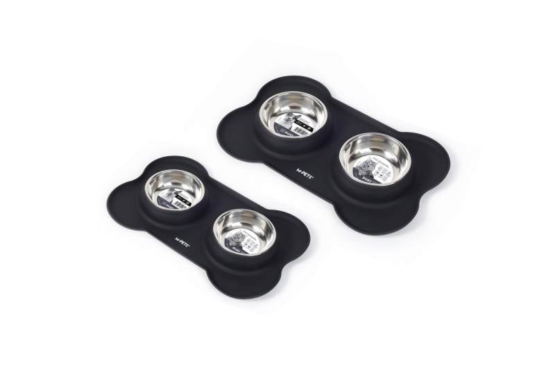 M-Pets Duet Silikon Matlı Çelik Mama Kabı 2x200 ml Siyah - 2
