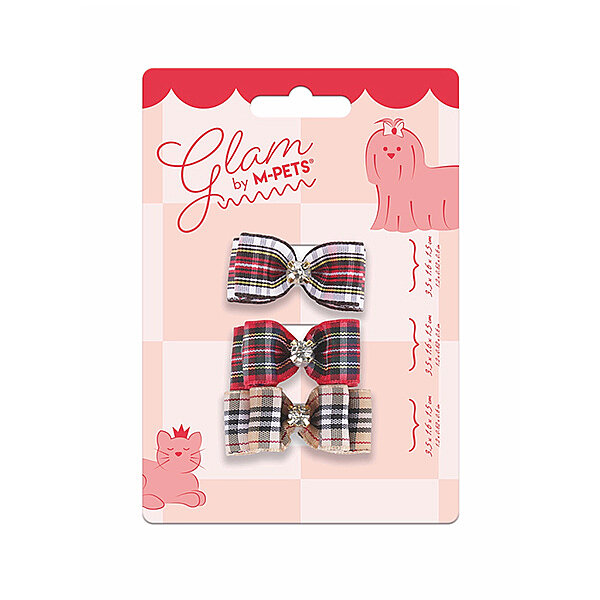 M-Pets Glam Ekose Desenli Fiyonklu Kedi ve Köpek Tokası (3'lü) (Kırmızı)