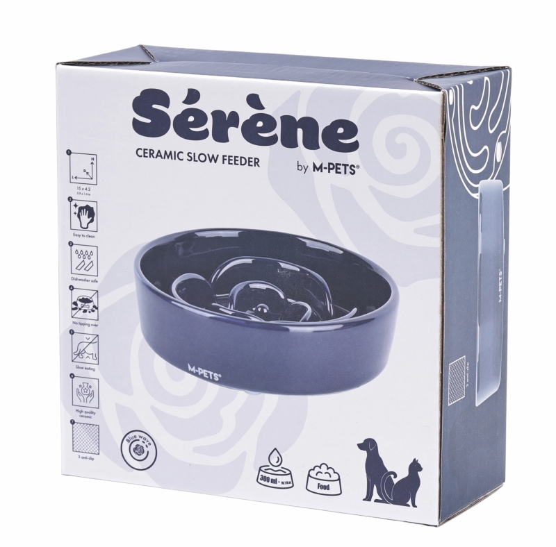 M-Pets Serene Rose Seramik Yavaş Yeme Mama Kabı 300  ml Koyu Mavi