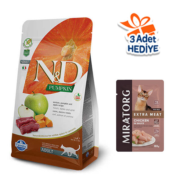 N&D Pumpkin Balkabaklı, Geyik Etli ve Elmalı Yetişkin Kedi Maması 1.5 kg - 1
