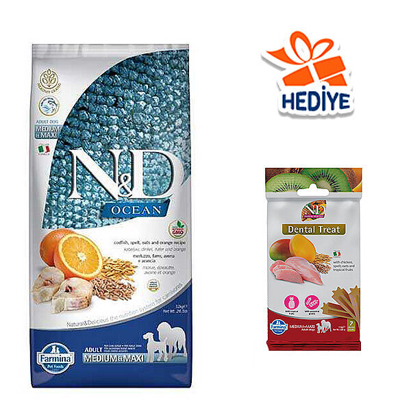 N&D Ocean Düşük Tahıllı Morina Balıklı ve Portakallı Yetişkin Köpek Maması 12 kg