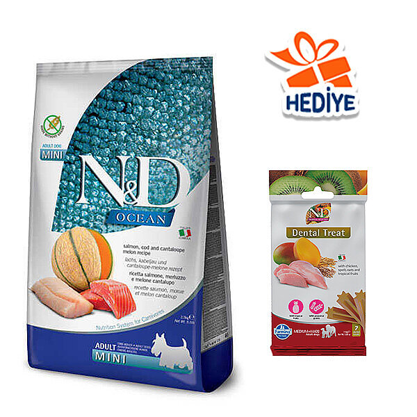 N&D Ocean Somon Balıklı, Morina Balıklı ve Kavunlu Küçük Irk Yetişkin Köpek Maması 2.5 kg