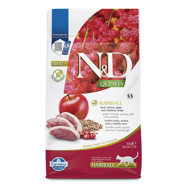 N&D Quinoa HairBall Tüy Yumağı Önleyici Ördek Etli ve Kızılcıklı Yetişkin Kedi Maması 300 gr - 1