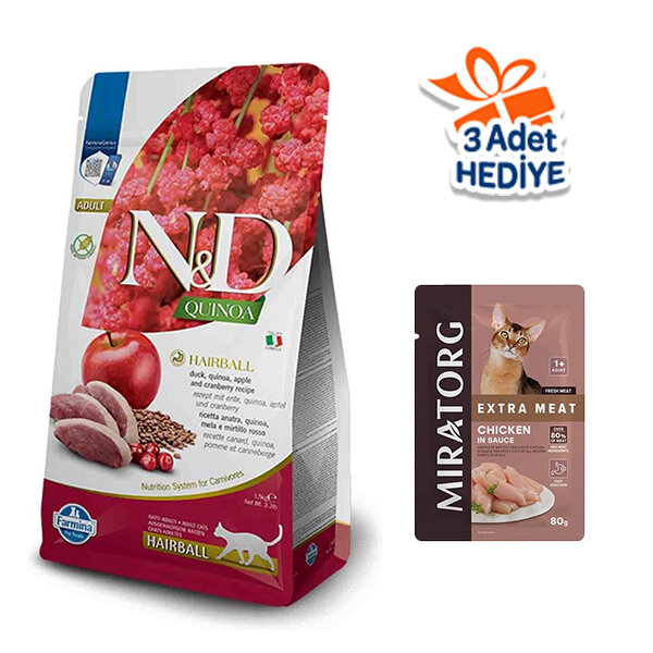 N&D Quinoa HairBall Tüy Yumağı Önleyici Ördek Etli ve Kızılcıklı Yetişkin Kedi Maması 1.5 kg - 1