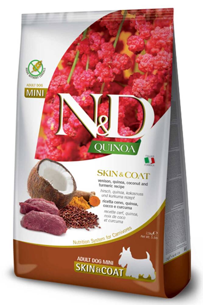 N&D Quinoa Skin&Coat Deri Sağlığı Destekli Geyik Etli ve Hindistan Cevizli Küçük Irk Yetişkin Köpek Maması 2.5 kg - 1