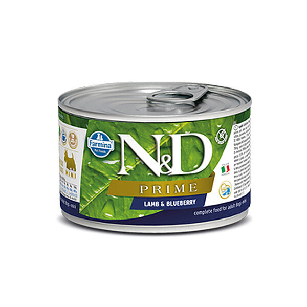 N&D Prime Tahılsız Kuzu Etli ve Yaban Mersinli Küçük Irk Yetişkin Köpek Yaş Maması 140 gr