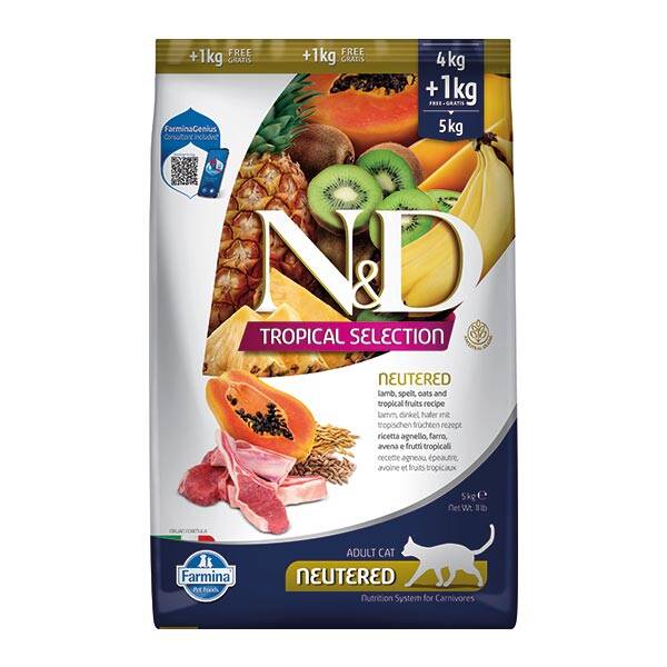 N&D Tropical Selection Kuzu Etli ve Tropikal Meyveli Kısırlaştırılmış Kedi Maması 4+1 kg - 1