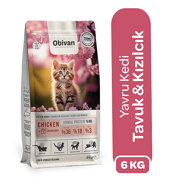 Obivan Kitten Tavuklu ve Kızılcıklı Yavru Kedi Maması 6 kg
