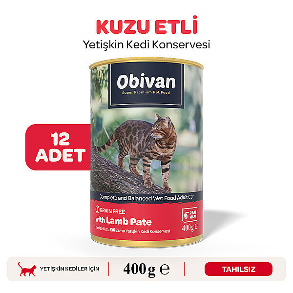Obivan Tahılsız Kuzu Etli Ezme Yetişkin Kedi Konservesi 400 gr x 12 Adet