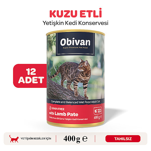 Obivan Tahılsız Kuzu Etli Ezme Yetişkin Kedi Konservesi 400 gr x 12 Adet - 1
