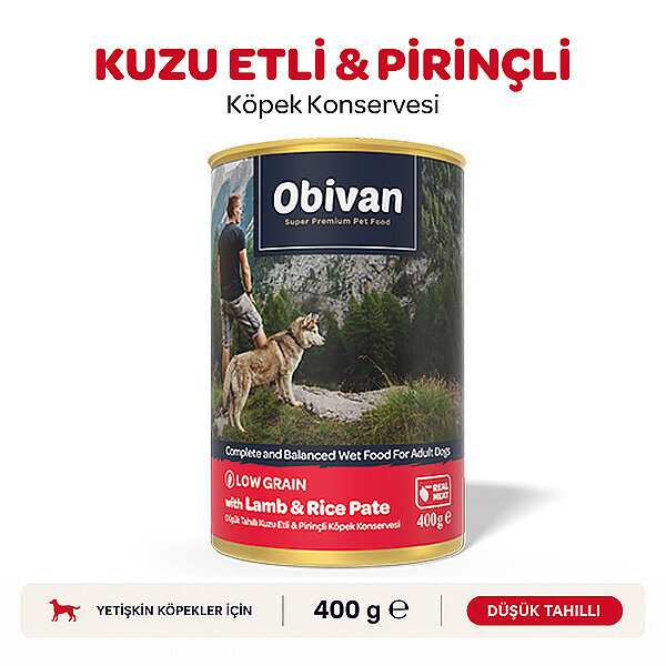 Obivan Düşük Tahıllı Kuzu Etli Pirinçli Köpek Konservesi 400 gr