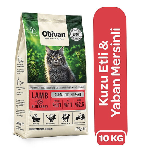 Obivan Kuzu Etli ve Yaban Mersinli Kedi Maması 10 kg
