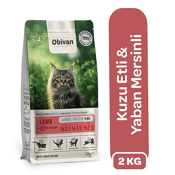 Obivan Kuzu Etli ve Yaban Mersinli Yetişkin Kedi Maması 2 kg