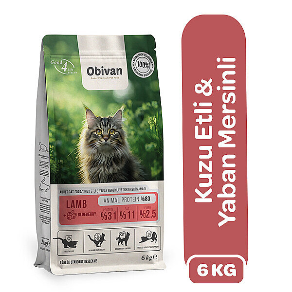 Obivan Kuzu Etli ve Yaban Mersinli Yetişkin Kedi Maması 6 kg