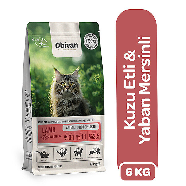 Obivan Kuzu Etli ve Yaban Mersinli Yetişkin Kedi Maması 6 kg - 1