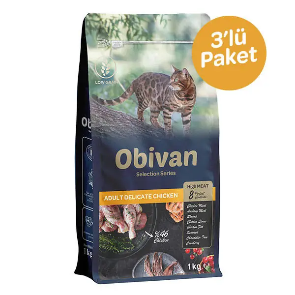 Obivan Selection Delicate Düşük Tahıllı Tavuklu Yetişkin Kedi Maması 1 kg (4 adet) - 1