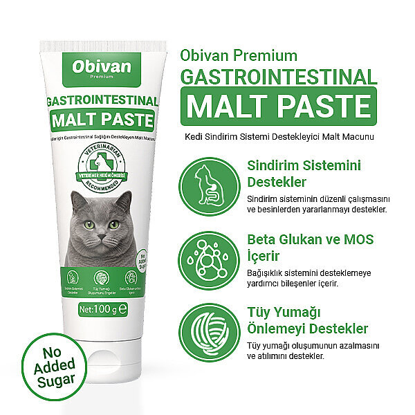 Obivan Premium Gastrointestinal Sindirim Sağlığı Destekleyici Malt Kedi Macunu 100 gr - 2