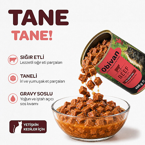 Obivan Sığır Etli Sos İçinde Gravy Yetişkin Kedi Konservesi 400 gr x 12 Adet - 2
