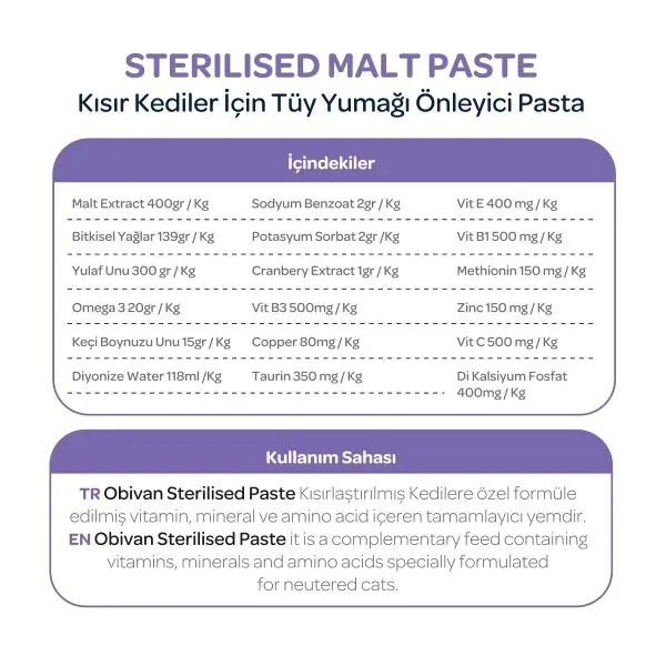 Obivan Sterilised Kısırlaştırılmış Kediler için Tüy Yumağı Önleyici Kedi Maltı 100 GR - 3