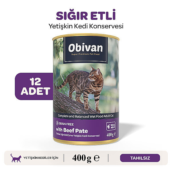 Obivan Tahılsız Sığır Etli Ezme Yetişkin Kedi Konservesi 400 gr x 12 Adet
