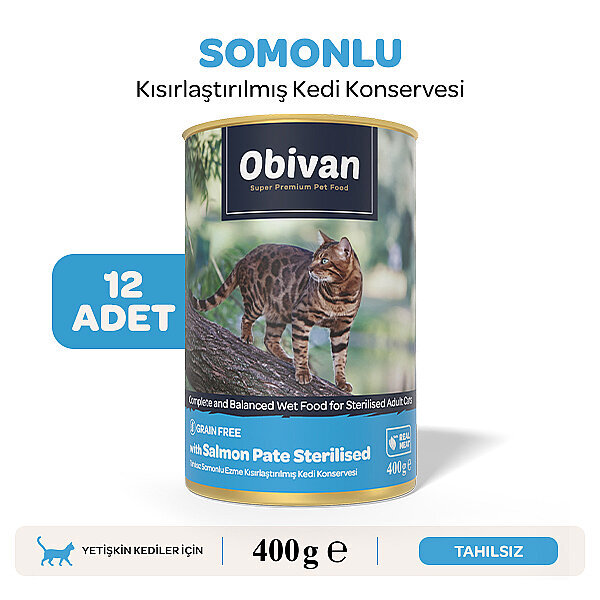 Obivan Tahılsız Somon Balıklı Ezme Kısırlaştırılmış Kedi Konservesi 400 gr x 12 Adet