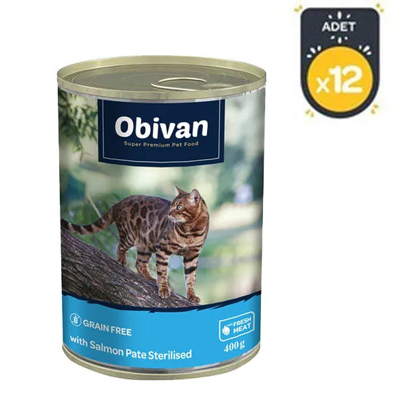 Obivan Tahılsız Somon Balıklı Ezme Kısırlaştırılmış Kedi Konservesi 400 GR x 12 Adet - 1