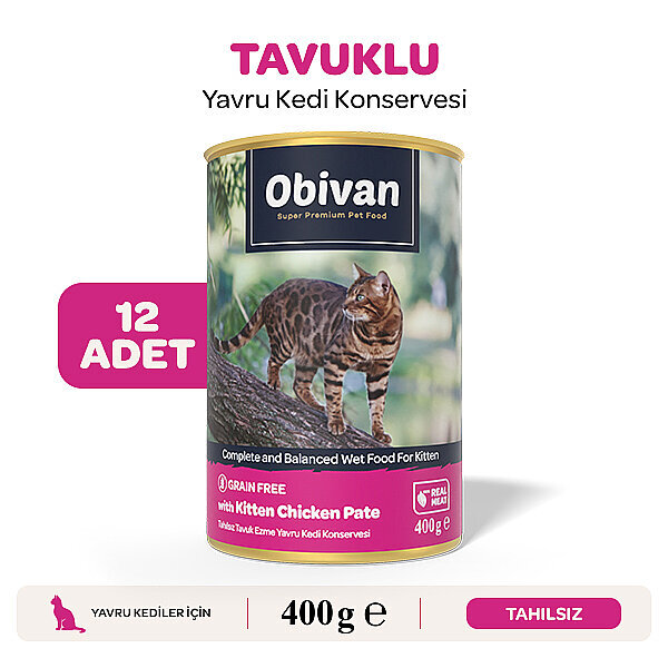 Obivan Tahılsız Tavuk Etli Ezme Yavru Kedi Konservesi 400 gr x 12 Adet