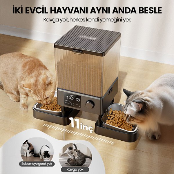 Oneisall PFD-002 5 L Zaman Ayarlı Kedi ve Köpekler için İkili Otomatik Mama Kabı - 2