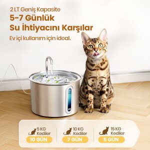 Oneisall PWF-001 2 L Tekli Paslanmaz Çelik Kedi ve Köpekler İçin Otomatik Su Pınarı - 3