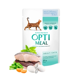 Optimeal Jöle İçinde Parça Morina Balıklı ve Sebzeli Yetişkin Kedi Konservesi 85gr