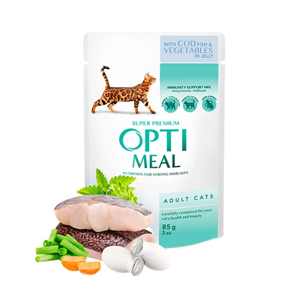 Optimeal Jöle İçinde Parça Morina Balıklı ve Sebzeli Yetişkin Kedi Konservesi 85gr - 1