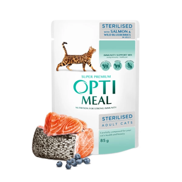 Optimeal Somonlu ve Yaban Mersinli Kısırlaştırılmış Kedi Yaş Mama 85gr - 1