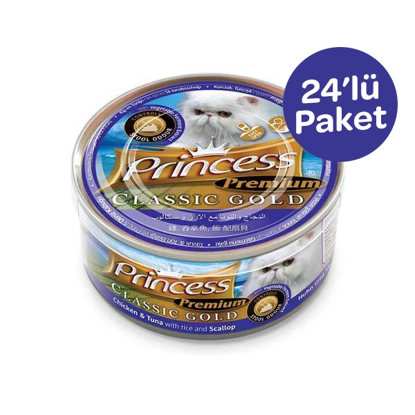 Princess Premium Gold Tavuklu Ton Balıklı Deniz Tarağı ve Pirinçli Yetişkin Kedi Konservesi 170 gr (24 adet) - 1