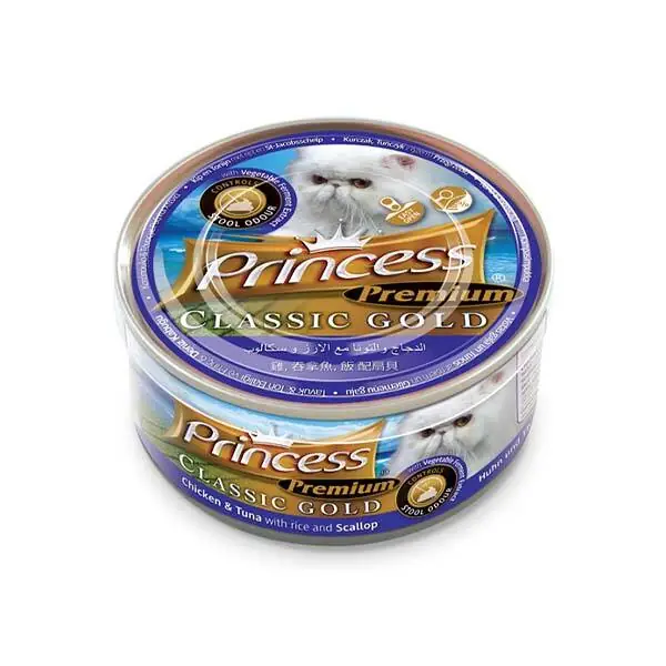 Princess Classic Gold Tavuklu Ton Balıklı Deniz Tarağı ve Pirinçli Yetişkin Kedi Konservesi 170 gr - 1
