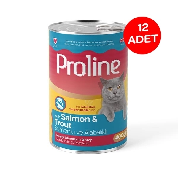 Proline Sos içinde Et Parçacıklı Somonlu ve Alabalıklı Yetişkin Kedi Maması 400 Gr X 12 Adet - 1
