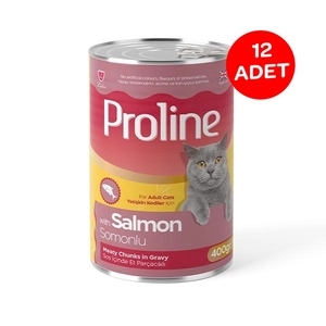 Proline Sos içinde Et Parçacıklı Somonlu Yetişkin Kedi Maması 400 Gr X 12 Adet