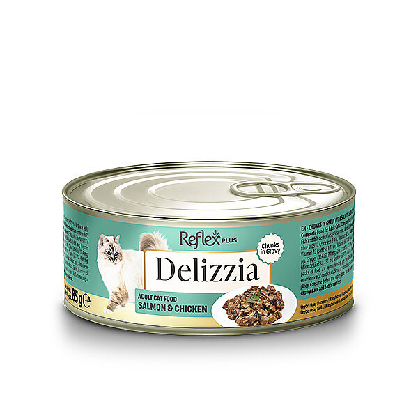Reflex Plus Delizzia Sos İçinde Somonlu ve Tavuklu Parça Etli Yetişkin Kedi Konservesi 85gr