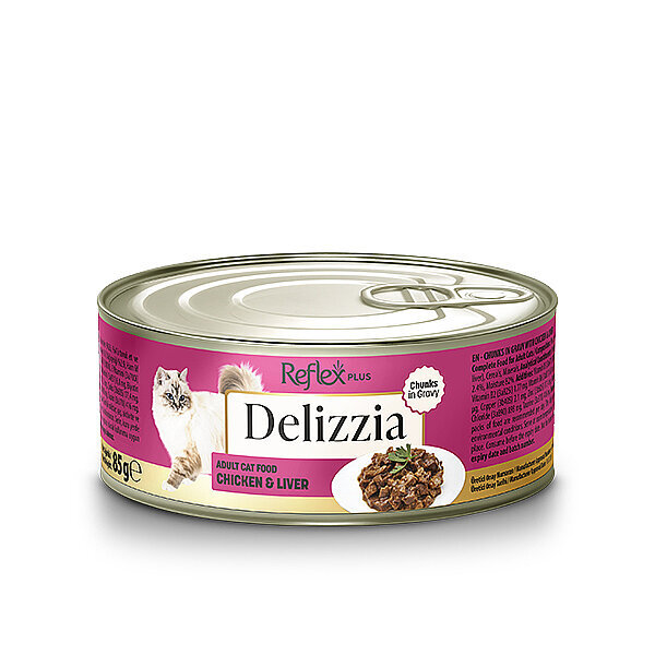Reflex Plus Delizzia Sos İçinde Tavuklu ve Ciğerli Parça Etli Yetişkin Kedi Konservesi 85gr