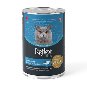 Reflex Plus jöle içinde et parçacıklı alabalıklı ve ton balıklı yetişkin kedi maması 400 gr