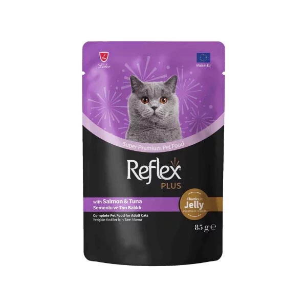 Reflex Plus Jöle İçinde Et Parçacıklı Somonlu ve Ton Balıklı Yetişkin Kedi Konservesi 85 g - 1