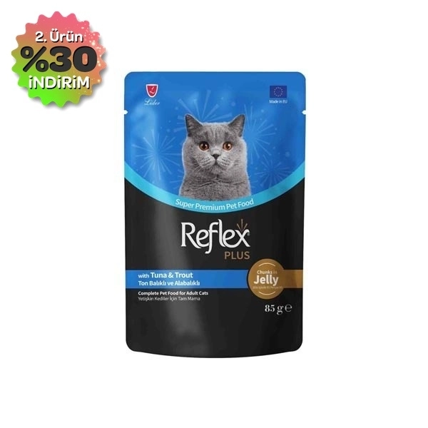 Reflex Plus Jöle İçinde Parça Ton Balıklı ve Alabalıklı Yetişkin Kedi Konservesi 85gr - 1