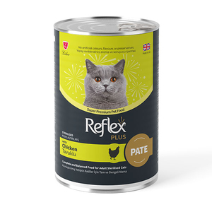 Reflex Plus pate içinde et parçacıklı tavuklu kısırlaştırılmış kedi maması 395 gr
