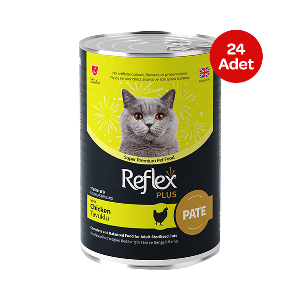Reflex Plus pate içinde et parçacıklı tavuklu kısırlaştırılmış kedi maması 395 gr X 24 Adet - 1