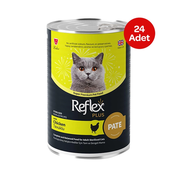 Reflex Plus pate içinde et parçacıklı tavuklu kısırlaştırılmış kedi maması 395 gr X 24 Adet - 1